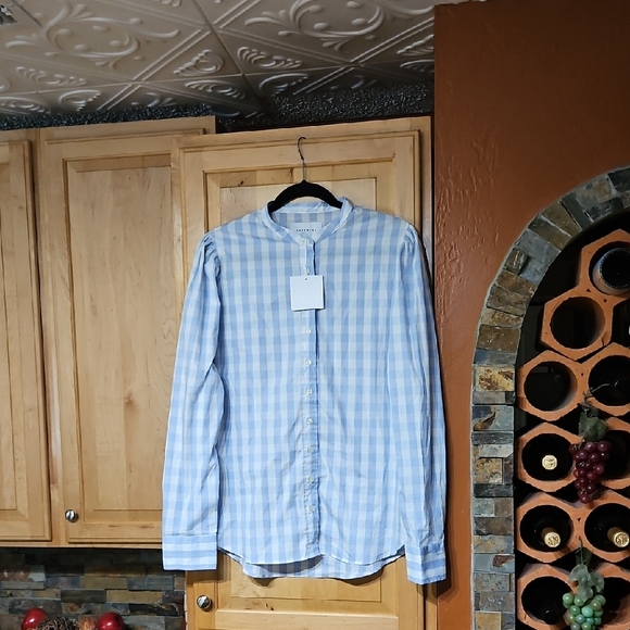 The Shirt By Rochelle Behrens The Puffed Shoulder Shirt Button Up Sky Gingham - Picture 1 of 4